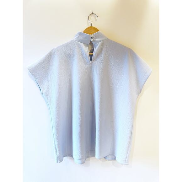 Vintage High Neck Light Blue Key Hole Button Back Boxy Short Sleeve Top Large - Picture 2 of 8